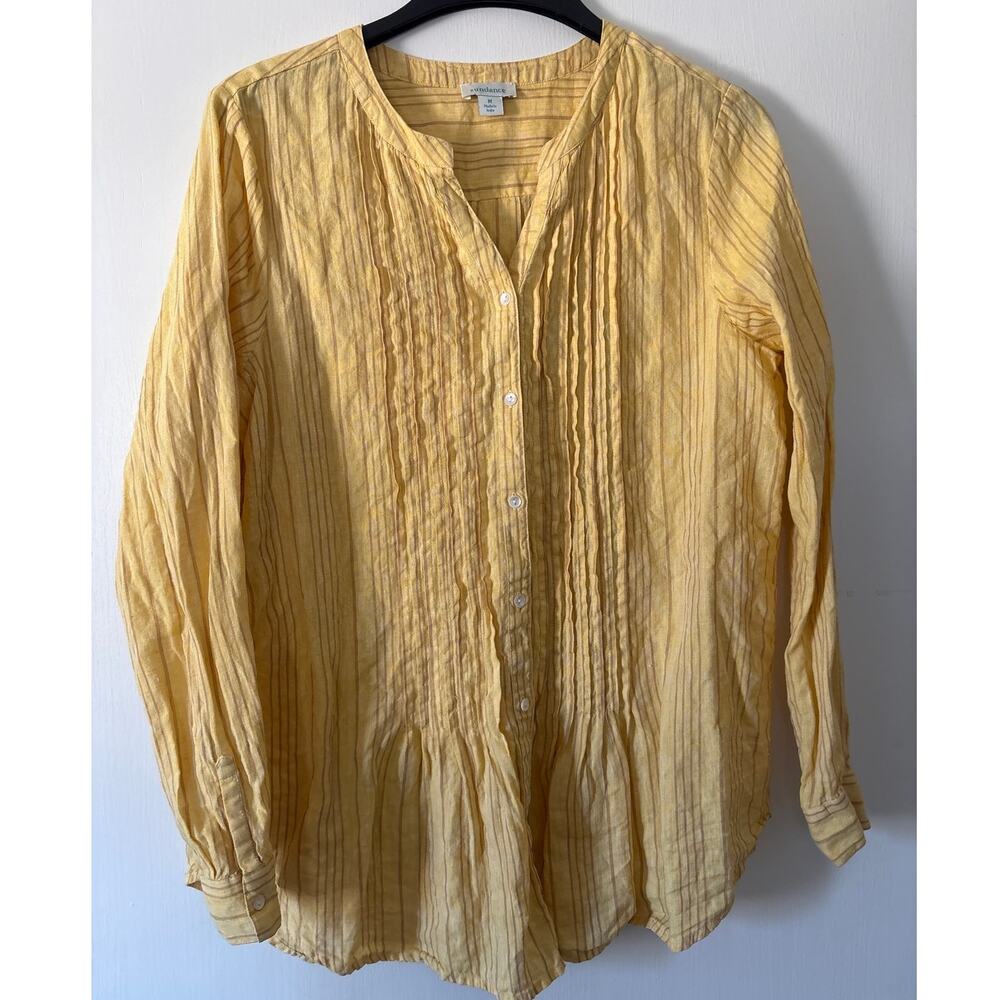 Sundance 100% Linen Yellow Striped Pleated Button Down Long Sleeve Shirt Medium